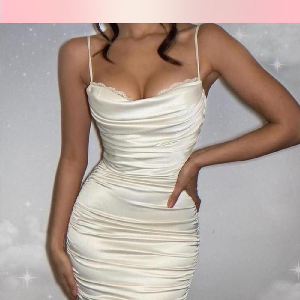 Oh Polly All For You lace trim satin mini cowl neck dress in oyster white - Picture 2 of 7